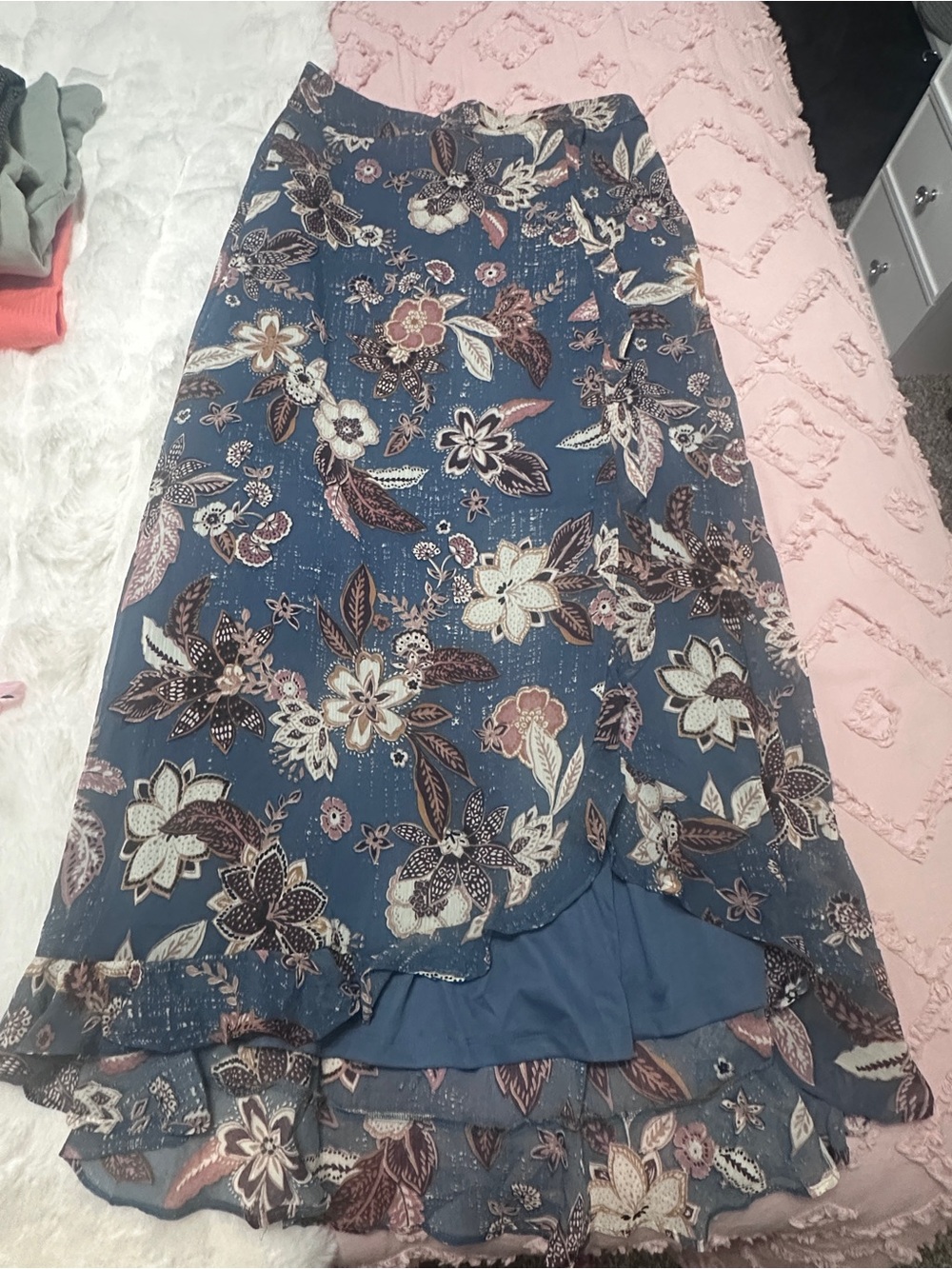 Maurices Blue Floral Wrap Maxi Skirt with Ruffle Hem